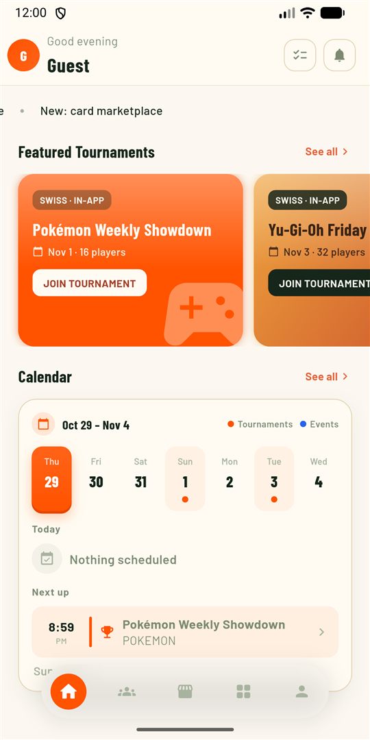 Home with featured tournaments and calendar